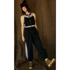 Free People Inhale Black Mesh Panel Cargo Jumpsuit Baggy Utility Athleisure Med